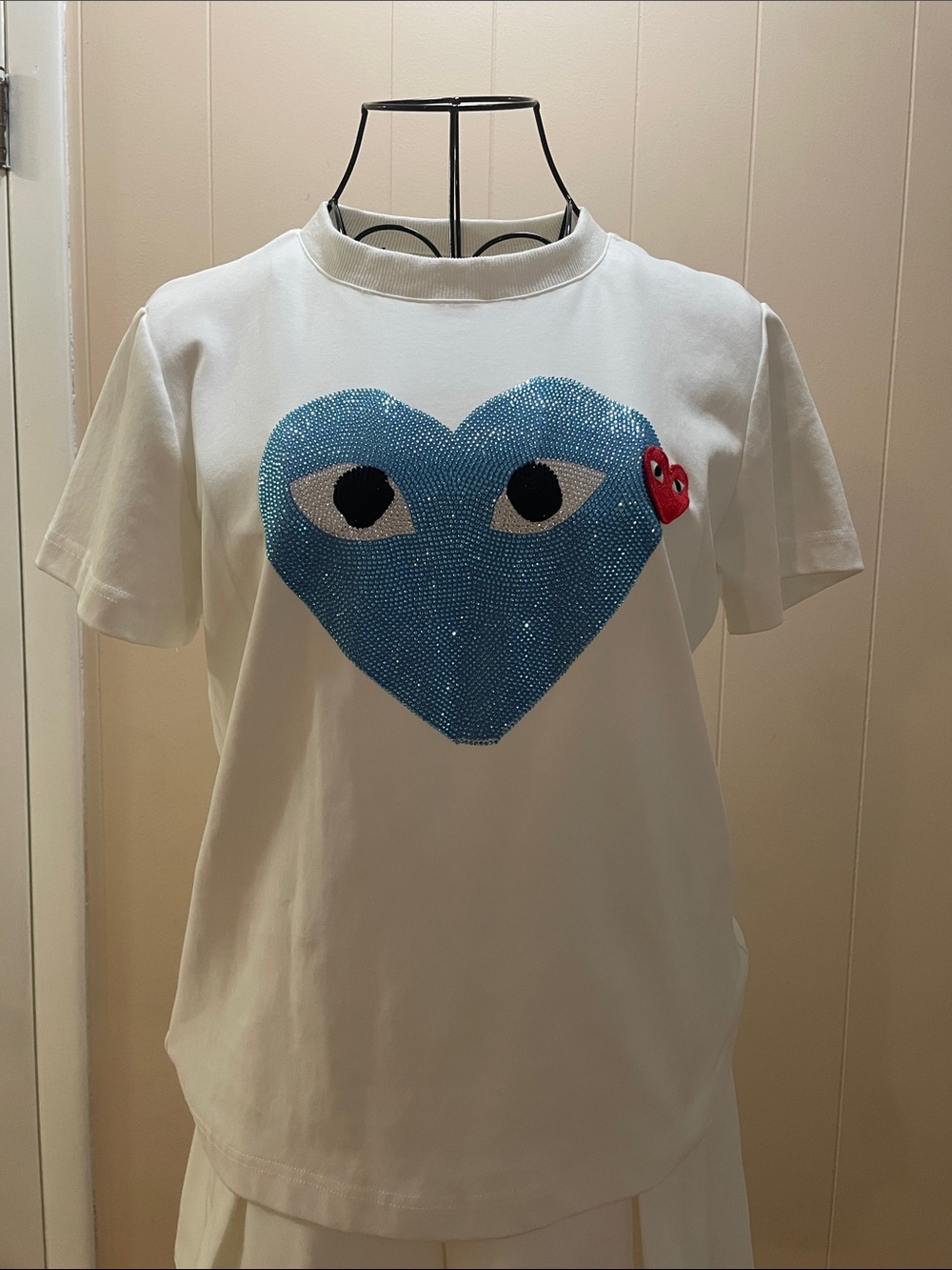 White  Heart Graphic Tee with Blue Rhinestone Heart